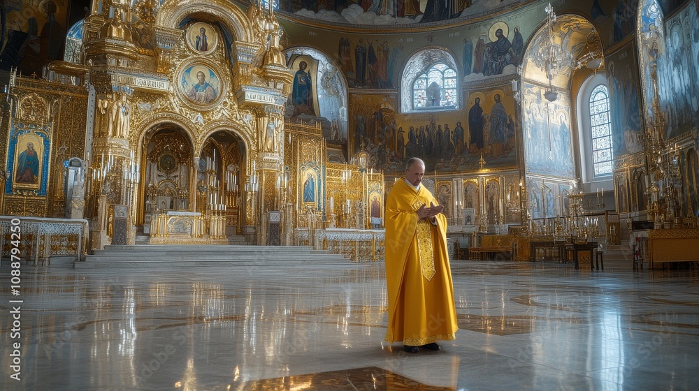 A man in a yellow robe stands in front of a large church A man in a yellow robe stands in front of a large church
