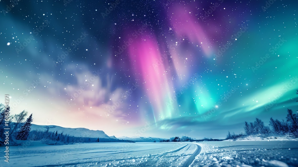 The Northern Lights (Aurora Borealis) illuminate the night sky over a snowy landscape. The Northern Lights (Aurora Borealis) illuminate the night sky over a snowy landscape.