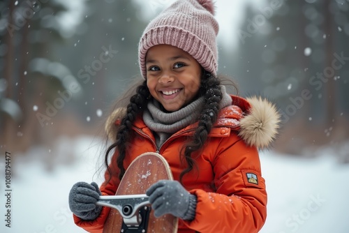 Joyful child playing in the snow wearing a warm hat, gloves, and jacket while holding a skateboard amidst a winter forest landscape