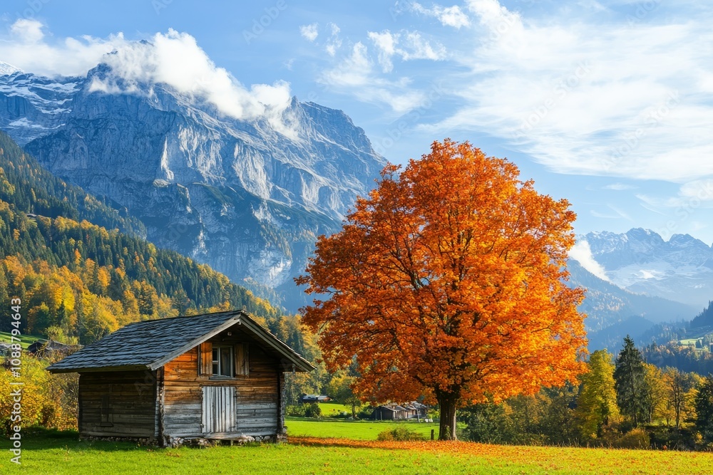 Autumn landscape featuring an orange tree, wooden house, green meadow, and blue alps mountains Autumn landscape featuring an orange tree, wooden house, green meadow, and blue alps mountains