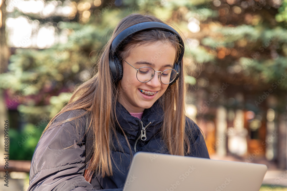 Happy teenage girl in headphones works on a laptop. Emotions concept. Happy teenage girl in headphones works on a laptop. Emotions concept.