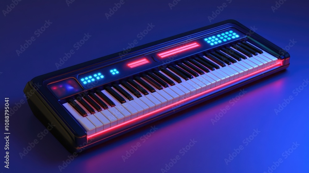 Neon-Lit Synth Keyboard with Illuminated Controls and Keys Neon-Lit Synth Keyboard with Illuminated Controls and Keys