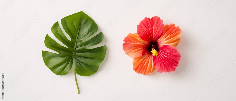 Fototapeta premium High Monstera Leaf and Vibrant Hibiscus Flower in Linear Arrangement