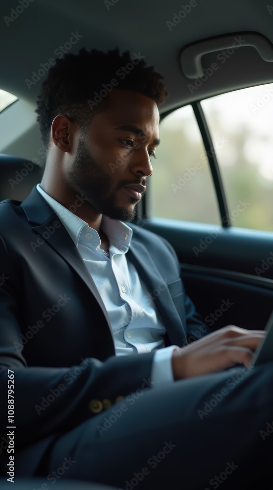 Businessman Working Focused on Laptop in Car During Late Afternoon Commute Businessman Working Focused on Laptop in Car During Late Afternoon Commute