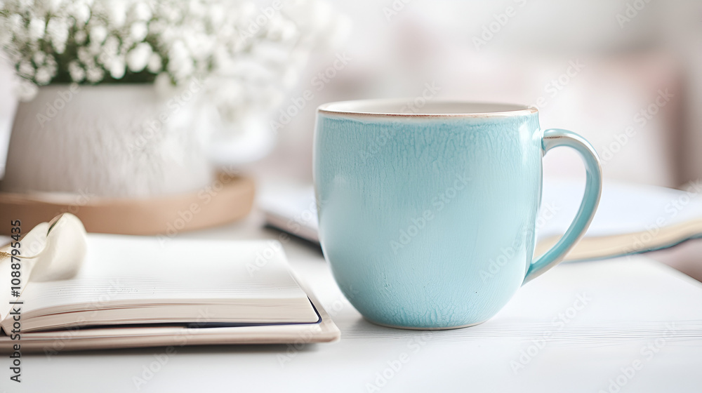 Bright white workspace with a pastel blue mug notebook and laptop calm and minimalist Copy space Bright white workspace with a pastel blue mug notebook and laptop calm and minimalist Copy space