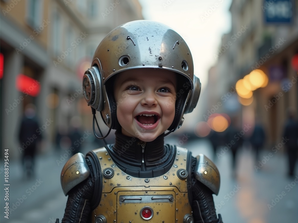 Child in robotic costume smiles joyfully on a bustling city street during daytime Child in robotic costume smiles joyfully on a bustling city street during daytime