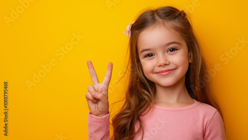 White girl smiling and making peace sign, copy space, single color background