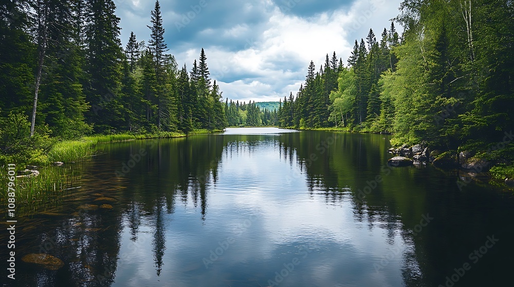 Obraz premium Serene lake reflecting forest, nature landscape