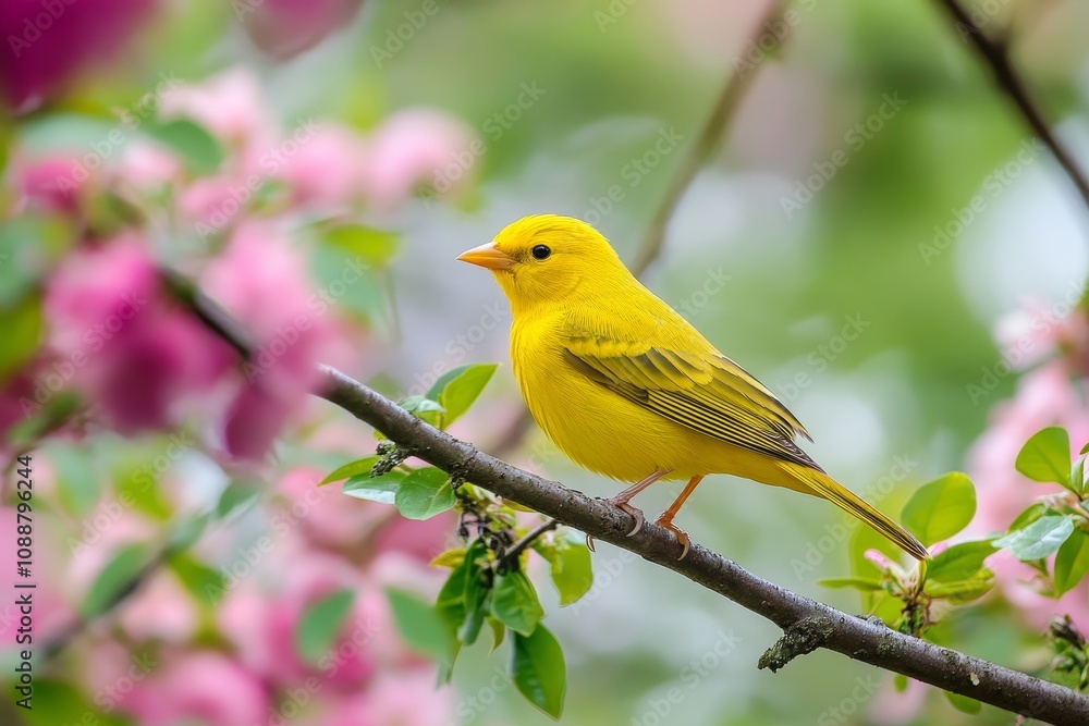 Fototapeta premium Mustard yellow bird perched on tree limb surrounded by blossoming flowers in springtime beauty