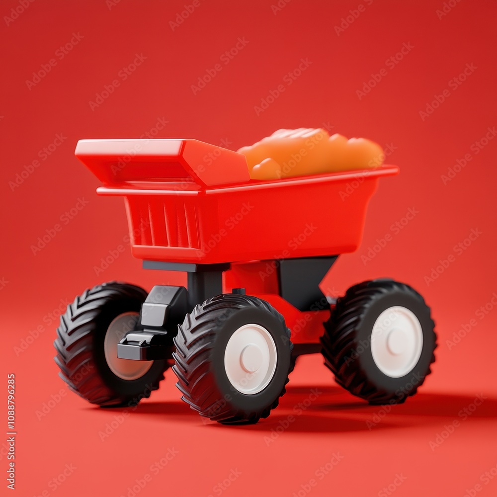 Vibrant Red Toy Dump Truck on Solid Background Vibrant Red Toy Dump Truck on Solid Background