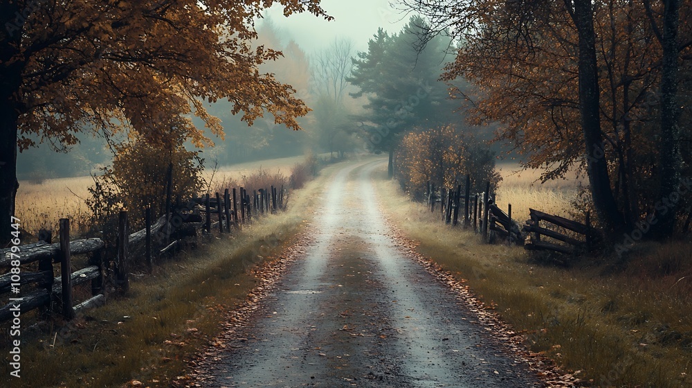 Fototapeta premium Autumn Road in Foggy Forest