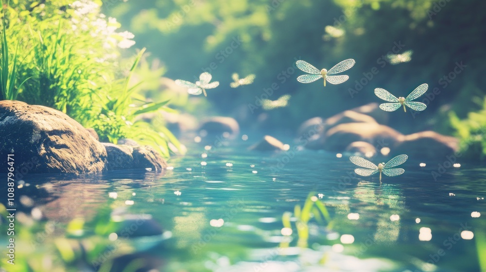 A serene river scene with dragonflies hovering above the water amidst lush greenery. A serene river scene with dragonflies hovering above the water amidst lush greenery.