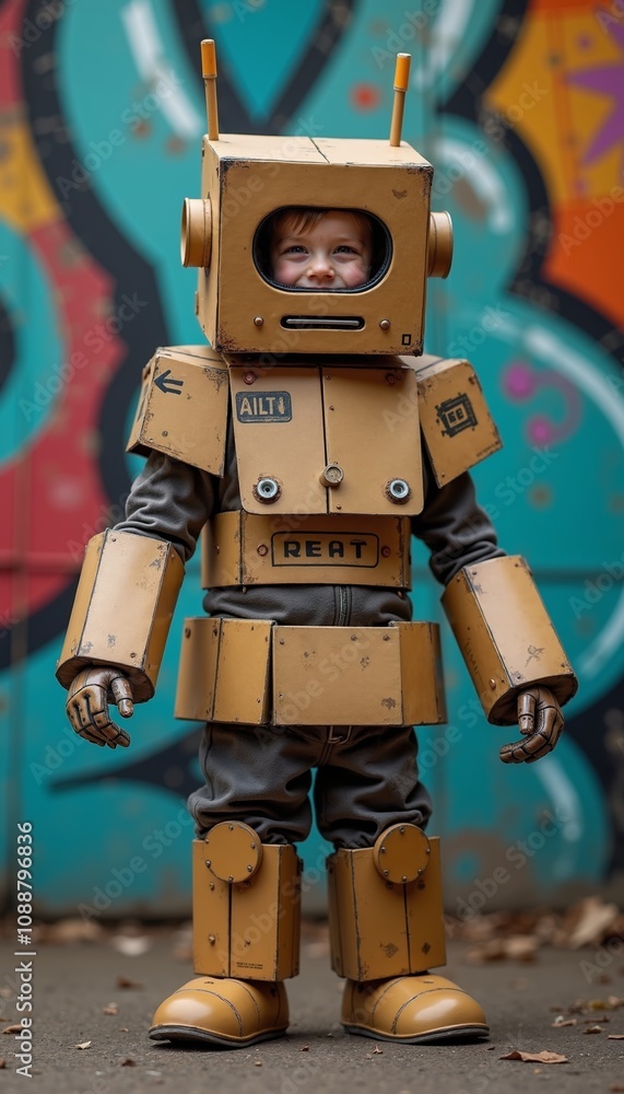 Creative child dressed in cardboard robot costume playing in vibrant urban setting during daylight Creative child dressed in cardboard robot costume playing in vibrant urban setting during daylight