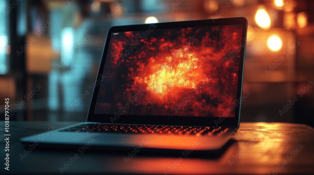 Laptop fiery screen display. Laptop fiery screen display.