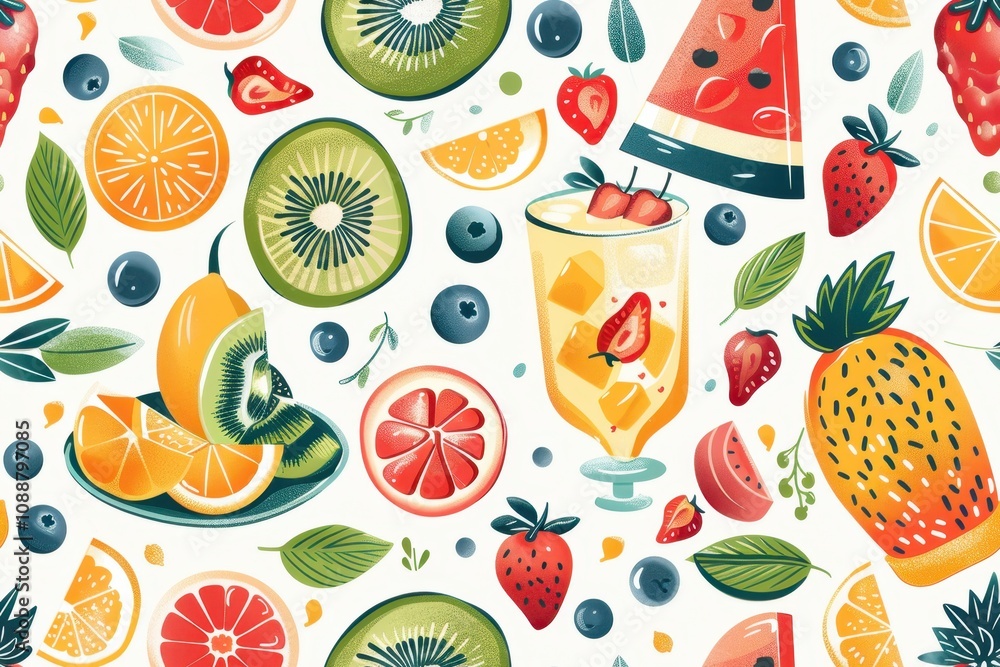 Colorful and Vibrant Fruit Pattern Featuring Watermelon, Strawberries, Oranges, Kiwi, and a Refreshing Cocktail for Summer Vibes and Freshness Colorful and Vibrant Fruit Pattern Featuring Watermelon, Strawberries, Oranges, Kiwi, and a Refreshing Cocktail for Summer Vibes and Freshness