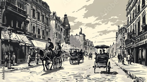 A black and white illustration of a street scene from the early 1900s.