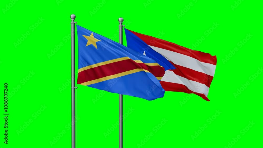 Puerto Rico and Congo-Kinshasa flags flying together, video concept of the relationship with colored chroma key for easy background remove, two country cooperation concept Puerto Rico and Congo-Kinshasa flags flying together, video concept of the relationship with colored chroma key for easy background remove, two country cooperation concept
