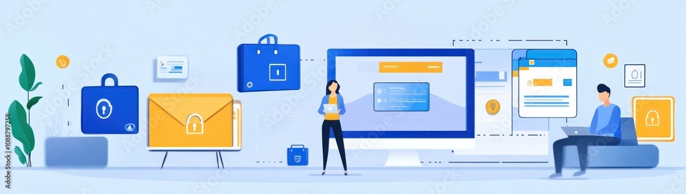 Digital security illustration featuring a woman and various secure elements. Digital security illustration featuring a woman and various secure elements.