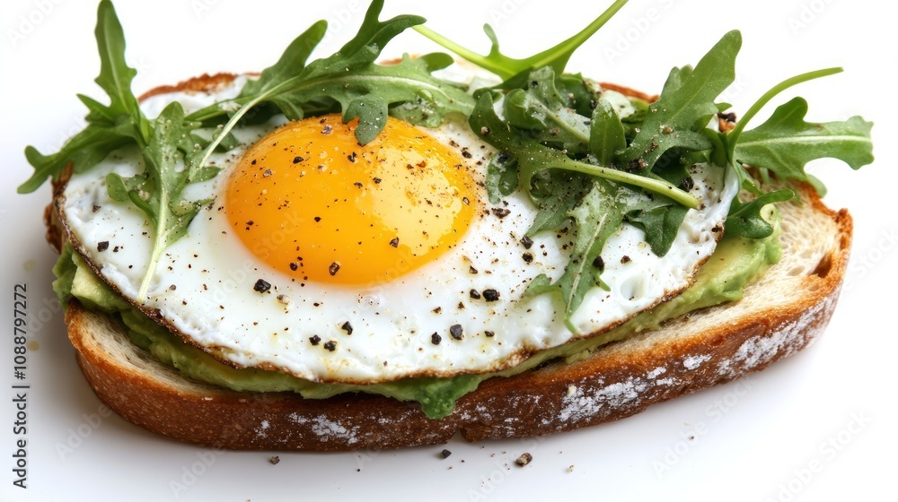 Avocado toast with fried egg and arugula.
