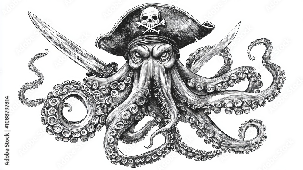 Hand-Drawn Octopus Pirate Captain with Sabre in Nautical Engraving Style Hand-Drawn Octopus Pirate Captain with Sabre in Nautical Engraving Style