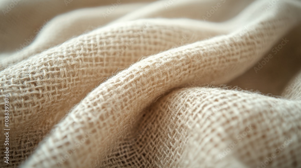 Close-up of soft, textured beige fabric draped elegantly, showcasing its natural weave. Close-up of soft, textured beige fabric draped elegantly, showcasing its natural weave.