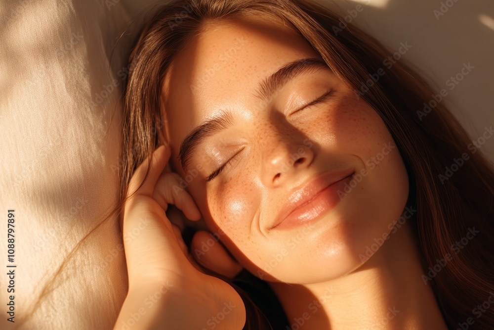 Young woman enjoying sunlight with a peaceful smile while resting in a cozy environment Young woman enjoying sunlight with a peaceful smile while resting in a cozy environment