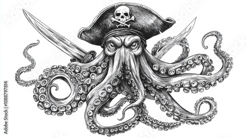 Hand-Drawn Octopus Pirate Captain with Sabre in Nautical Engraving Style