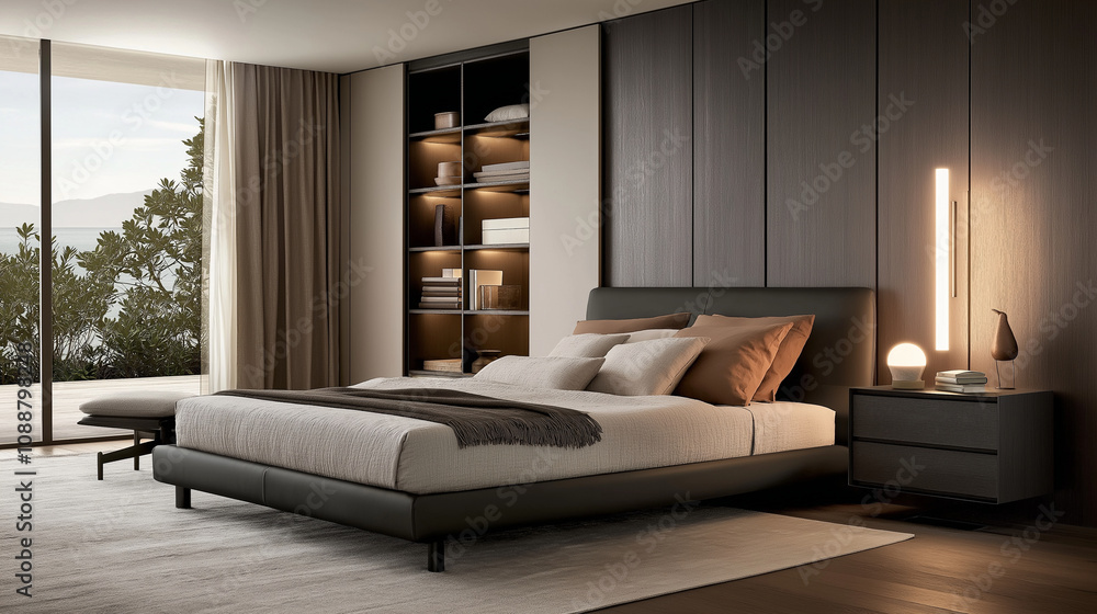 A sleek and serene bedroom in minimalist dark tones, featuring a low platform bed with clean lines and neutral bedding. The room includes simple storage solutions like wall-mounted A sleek and serene bedroom in minimalist dark tones, featuring a low platform bed with clean lines and neutral bedding. The room includes simple storage solutions like wall-mounted