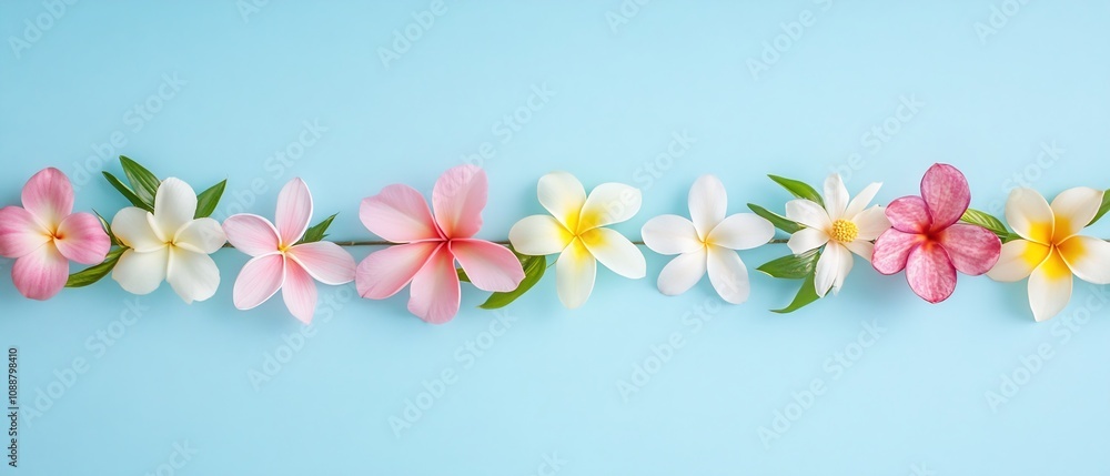 Vibrant Tropical Flower Garland Across Smooth Pastel Surface in Minimalist Design Vibrant Tropical Flower Garland Across Smooth Pastel Surface in Minimalist Design