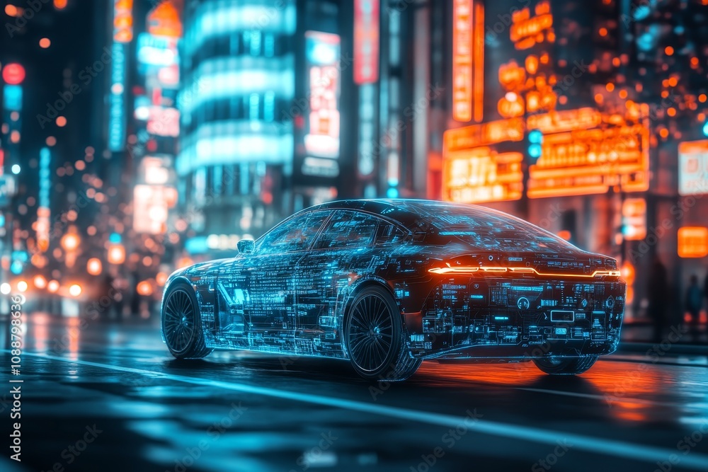 Futuristic smart car with advanced interface in neon cityscape at night, showcasing iot connectivity