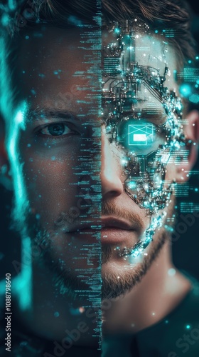 Wallpaper Mural Futuristic Portrait of a Human-Machine Hybrid with Digital Elements, Incorporating Data Streams and Technological Interfaces for a Sci-Fi Aesthetic Torontodigital.ca