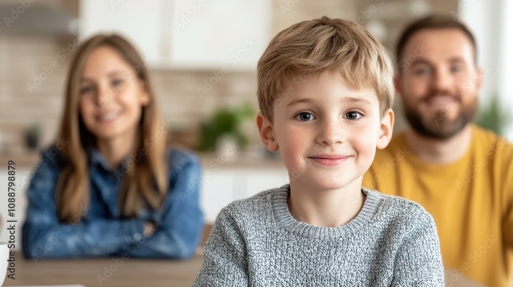Cyberbullying Protection Concept, Joyful Family Gathering Focused on Young Boy Smiling at Home, Creating Safe Environment for Group Discussion and Bonding Moments in Modern Kitchen Setting Cyberbullying Protection Concept, Joyful Family Gathering Focused on Young Boy Smiling at Home, Creating Safe Environment for Group Discussion and Bonding Moments in Modern Kitchen Setting