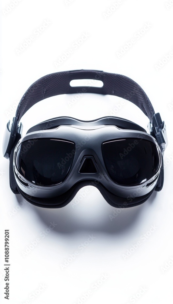 Modern virtual reality headset displayed on a clean white background for technology photography Modern virtual reality headset displayed on a clean white background for technology photography