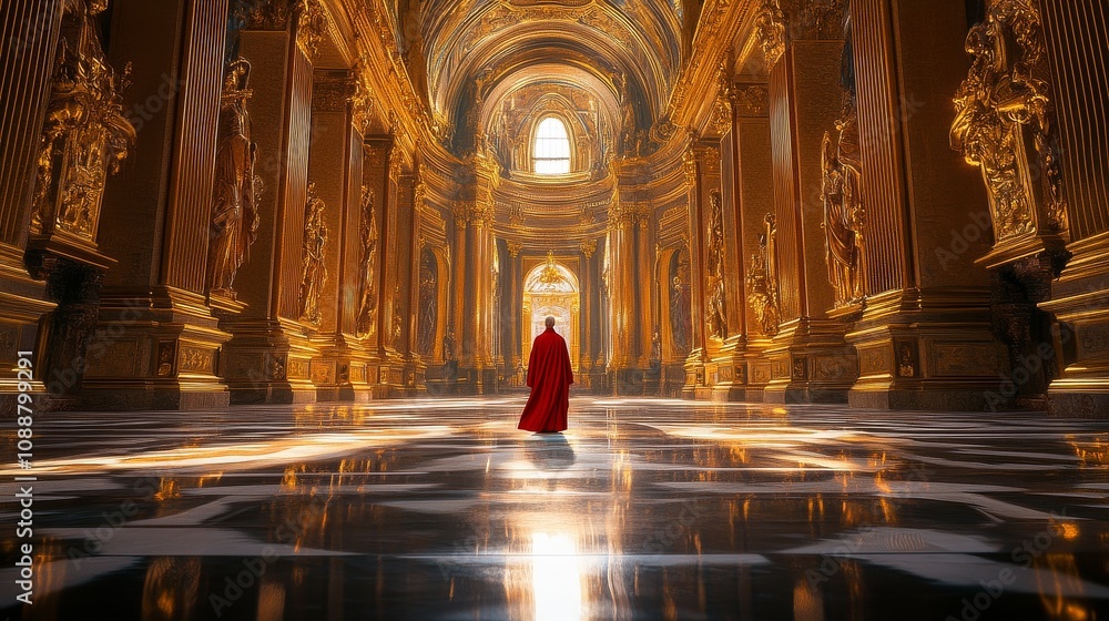 A man in a red robe stands in a large, golden room A man in a red robe stands in a large, golden room