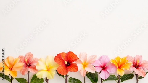 Vibrant Tropical Blooms Aligned in Vertical Formation on Soft Minimal Background