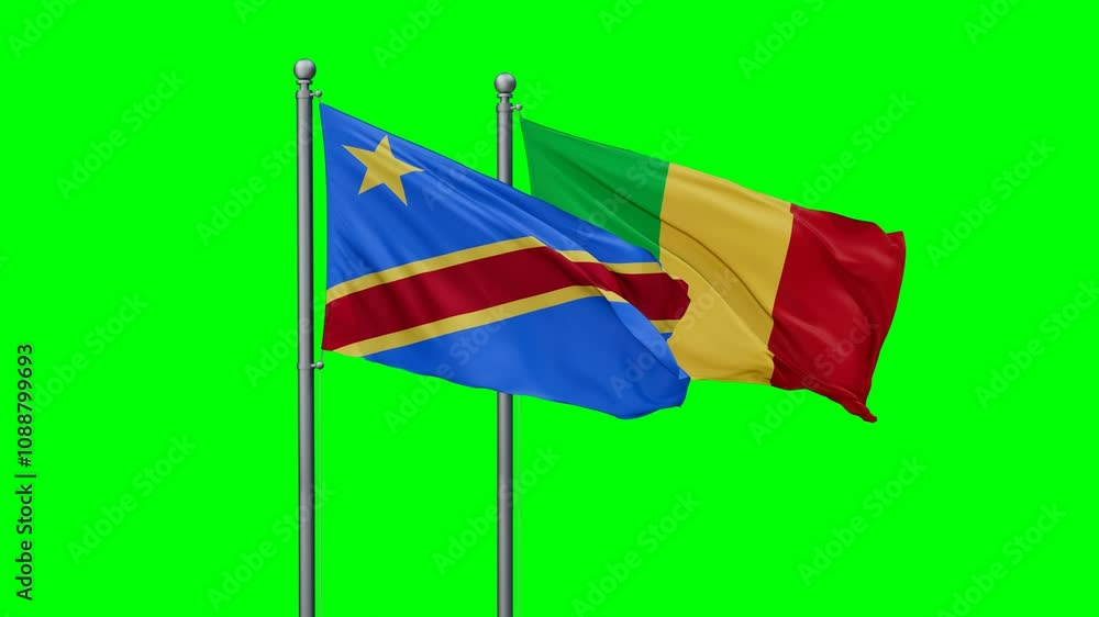 Mali and Congo-Kinshasa flags waving together, video concept of the relationship with colored chroma key for easy background remove Mali and Congo-Kinshasa flags waving together, video concept of the relationship with colored chroma key for easy background remove