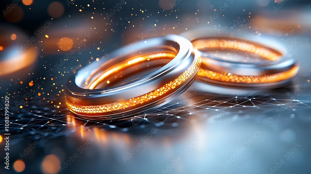 Captivating image showcasing a pair of lustrous golden engagement rings gently resting on a reflective watery surface creating a mesmerizing and ethereal visual effect Captivating image showcasing a pair of lustrous golden engagement rings gently resting on a reflective watery surface creating a mesmerizing and ethereal visual effect