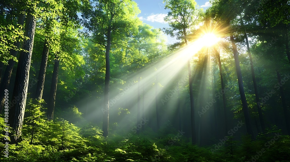 Obraz premium Sunlight beams piercing through the dense green foliage of a tranquil forest casting a warm ethereal glow over the serene woodland landscape