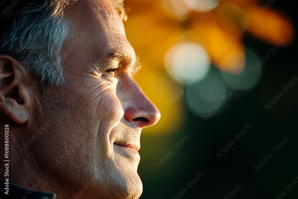 Man with gray hair smiling softly in warm autumn light outdoors during late afternoon hours Man with gray hair smiling softly in warm autumn light outdoors during late afternoon hours