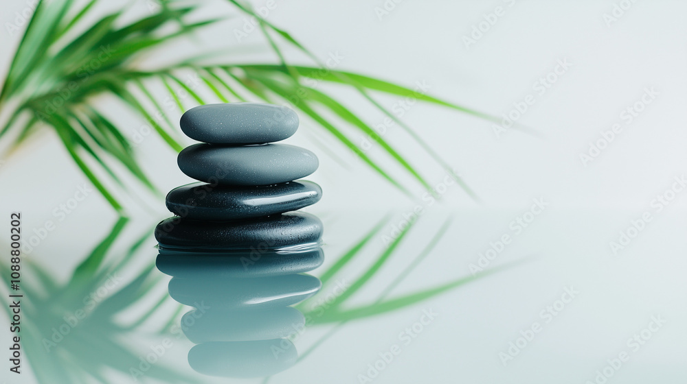 Zen stones balanced on reflective surface with green leaves, copy space Zen stones balanced on reflective surface with green leaves, copy space