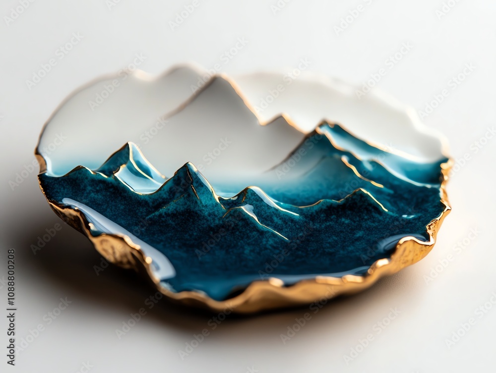 Artistic ceramic plate featuring detailed mountain landscape design. Artistic ceramic plate featuring detailed mountain landscape design.