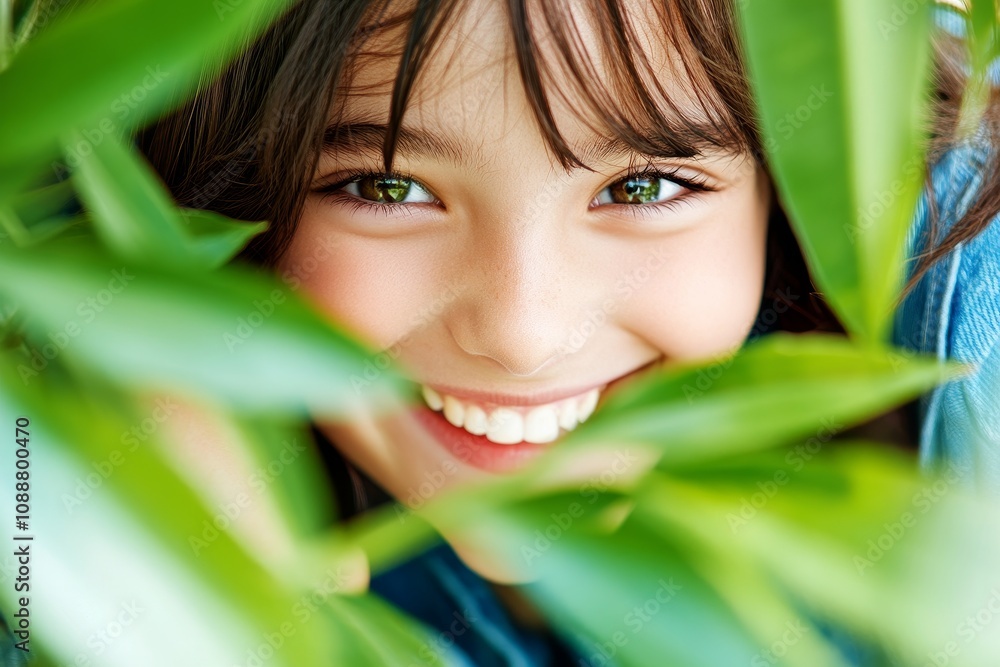 Joyful child smiling surrounded by lush green leaves in a natural setting during daytime Joyful child smiling surrounded by lush green leaves in a natural setting during daytime