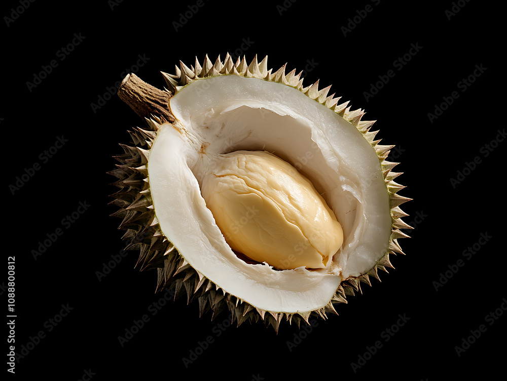Durian Delight: A close-up shot reveals the creamy, pale yellow flesh of a durian fruit, encased within its spiky, green husk against a dramatic black background Durian Delight: A close-up shot reveals the creamy, pale yellow flesh of a durian fruit, encased within its spiky, green husk against a dramatic black background