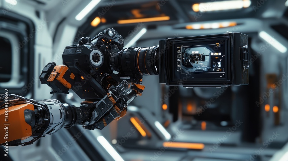 Fototapeta premium Robotic arm holding a camera in a futuristic setting.