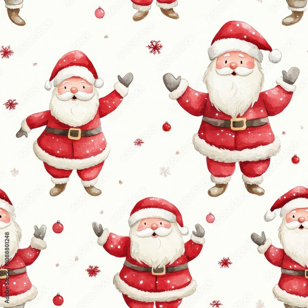 A festive pattern featuring cheerful Santa Claus figures amidst snowflakes and ornaments. A festive pattern featuring cheerful Santa Claus figures amidst snowflakes and ornaments.