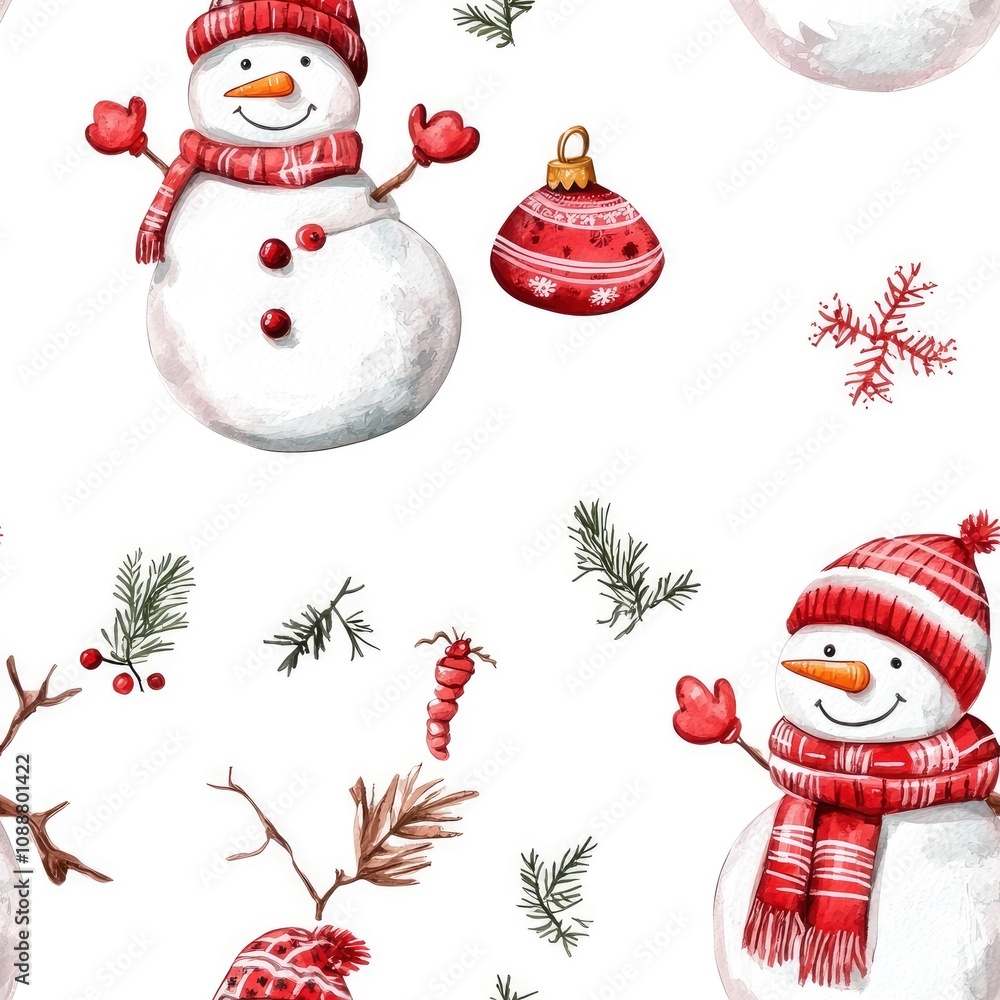 A festive pattern featuring cheerful snowmen, ornaments, and winter foliage. A festive pattern featuring cheerful snowmen, ornaments, and winter foliage.