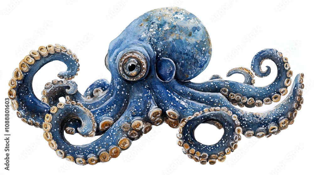 Fototapeta premium Hand-Painted Blue Octopus Watercolor Illustration on White Background