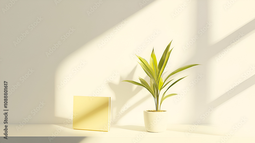 Clean white workspace with a pastel yellow notebook and a small green plant for inspiration Copy space Clean white workspace with a pastel yellow notebook and a small green plant for inspiration Copy space