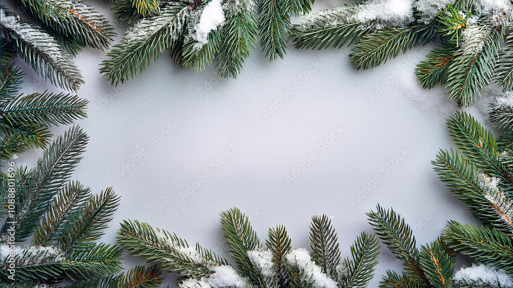 small fir branches frame with snow on white table small fir branches frame with snow on white table