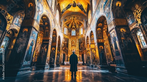 A man stands in a large, ornate building with gold and blue decorations